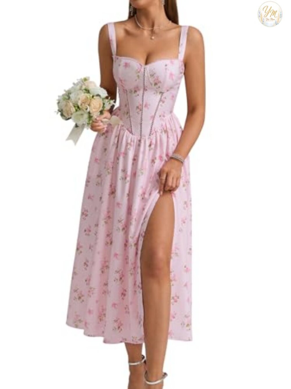 Women's Corset Midi Dress Floral Smocked Square Neck Pockets A-Line Wedding